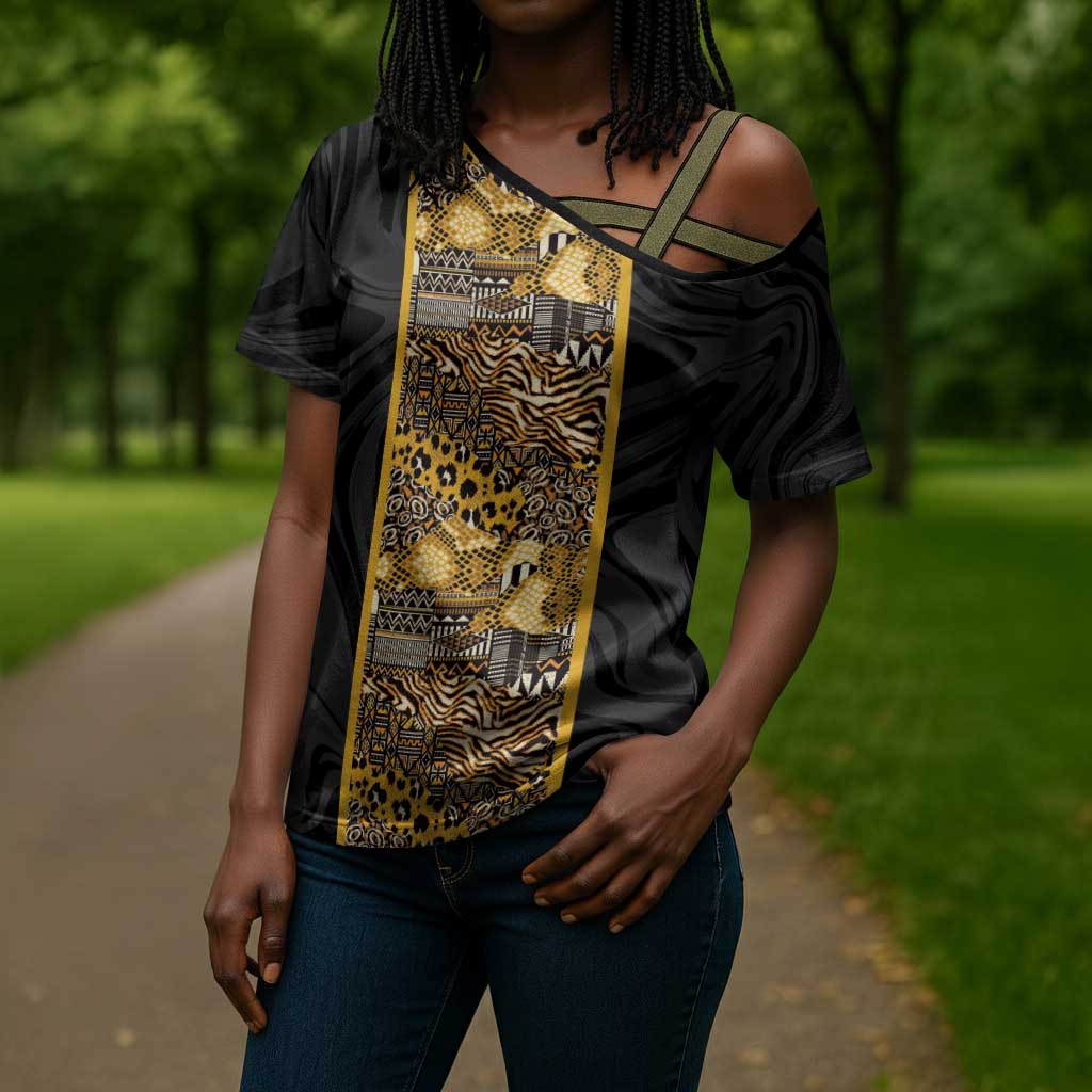 African Tribal Heritage Cross Shoulder Shirt Black Gold Pattern