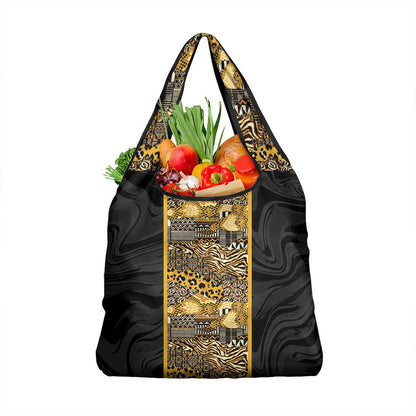African Tribal Heritage Grocery Bag Black Gold Pattern