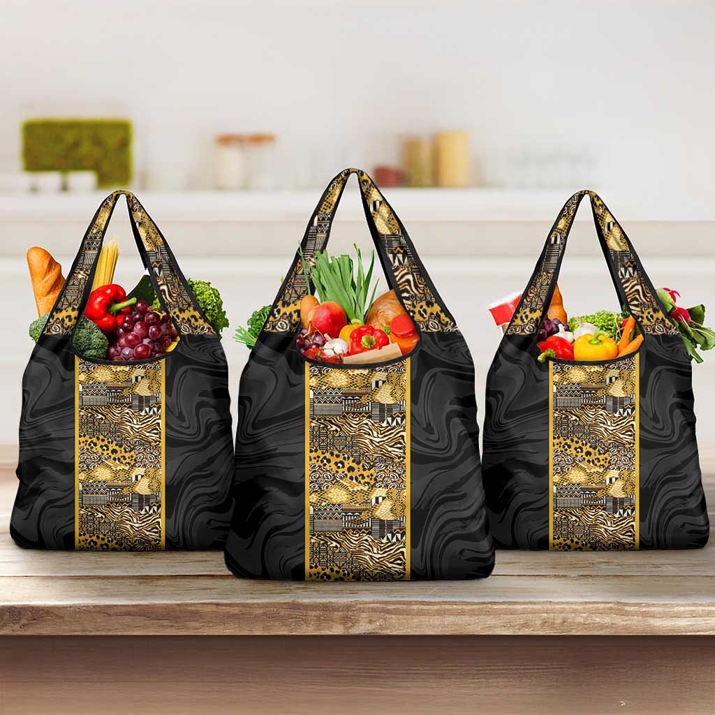 African Tribal Heritage Grocery Bag Black Gold Pattern