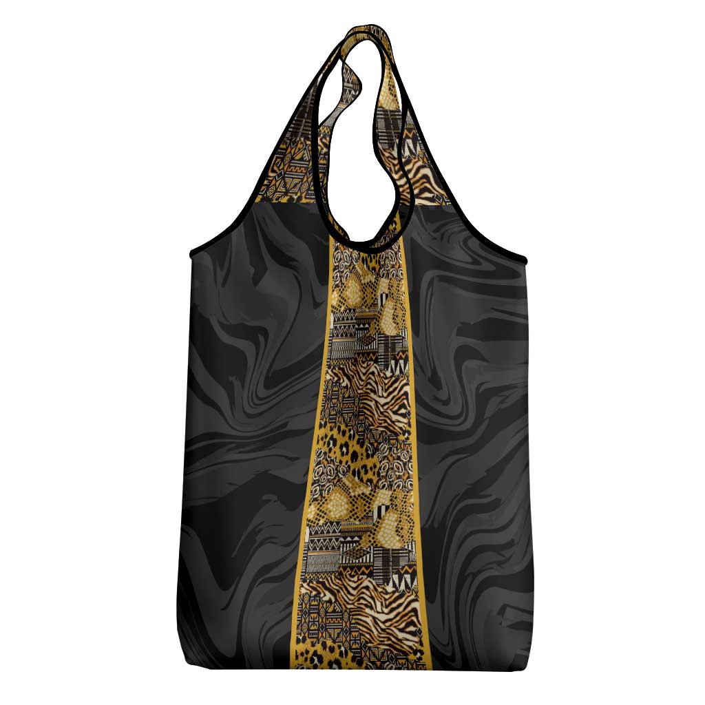 African Tribal Heritage Grocery Bag Black Gold Pattern