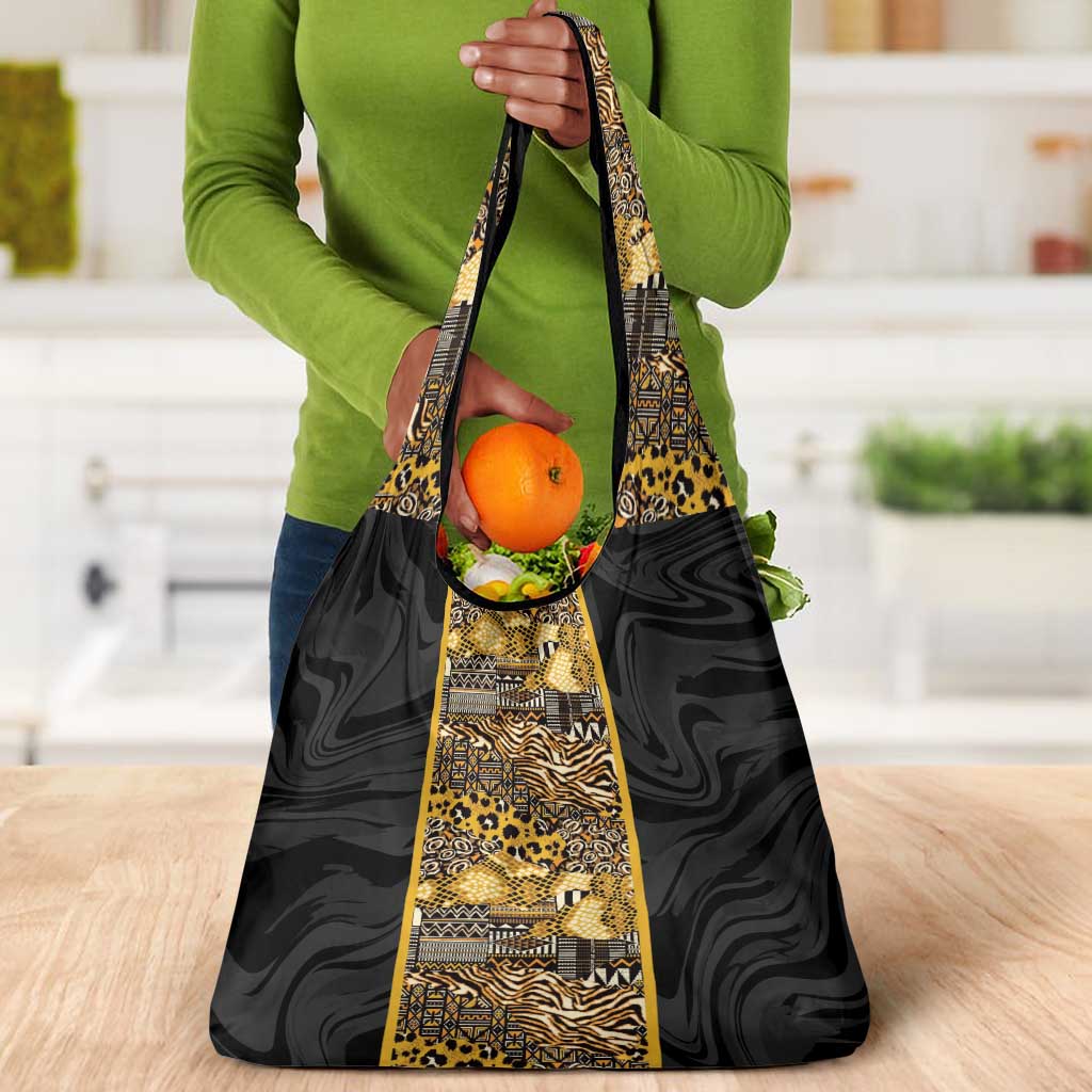 African Tribal Heritage Grocery Bag Black Gold Pattern