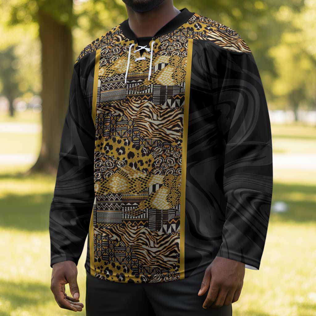 African Tribal Heritage Hockey Jersey Black Gold Pattern