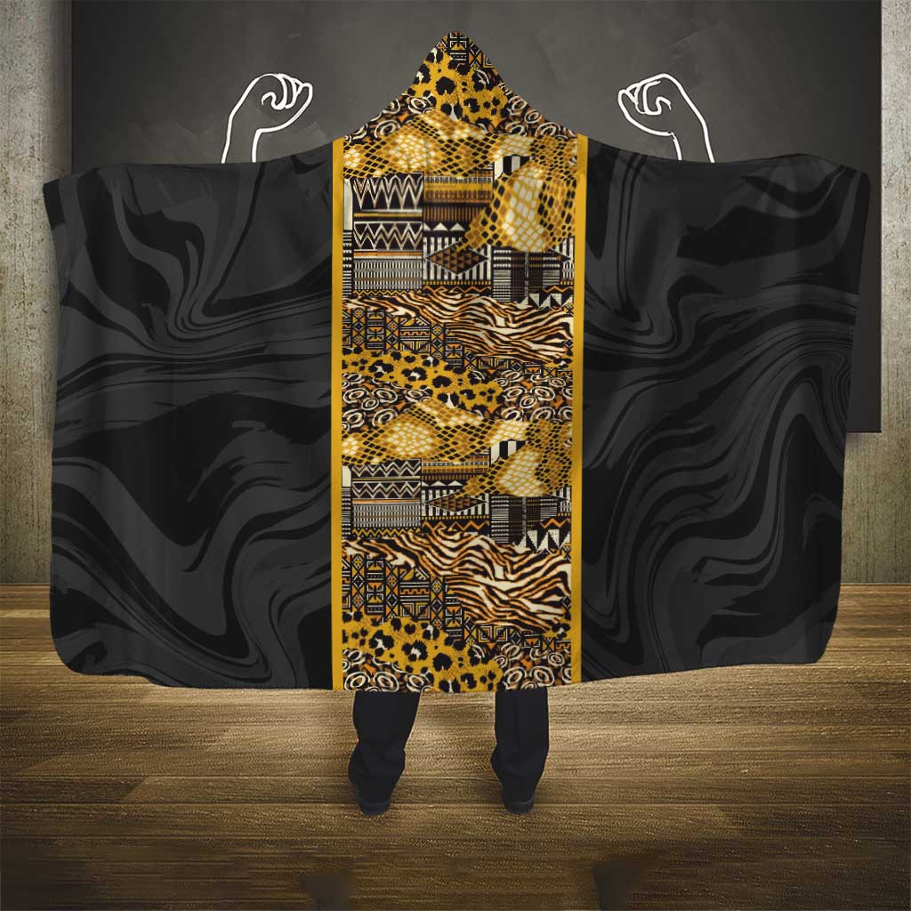 African Tribal Heritage Hooded Blanket Black Gold Pattern