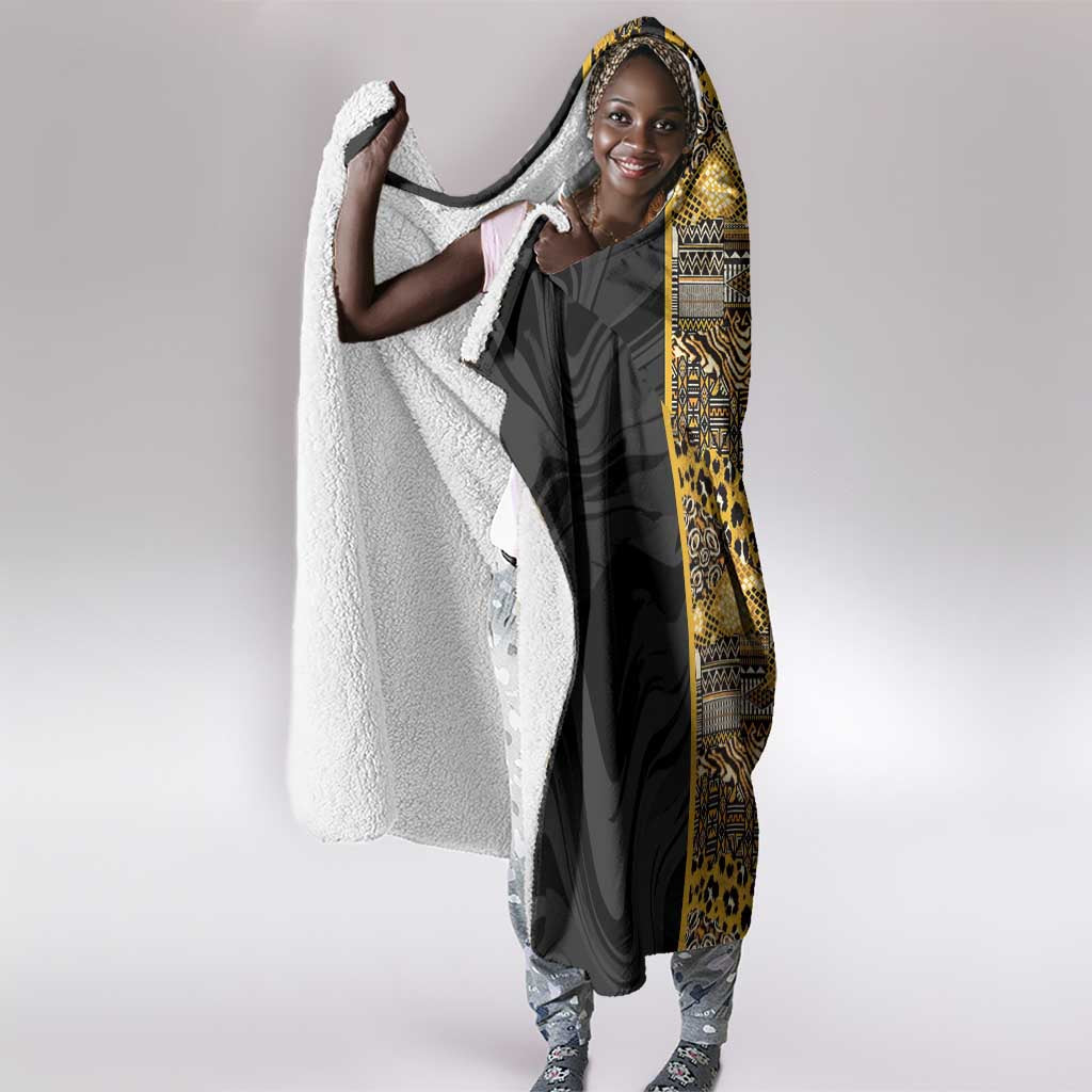 African Tribal Heritage Hooded Blanket Black Gold Pattern