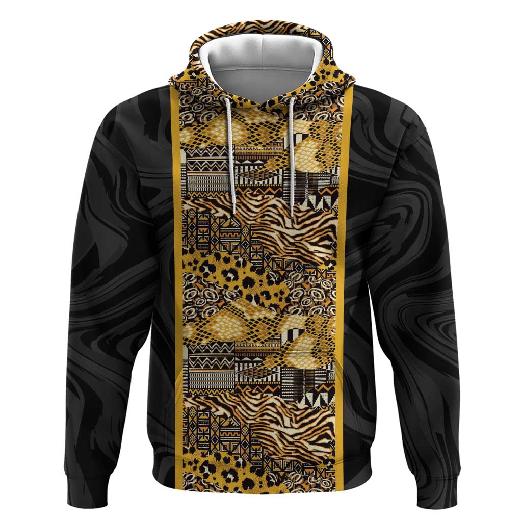 African Tribal Heritage Hoodie Black Gold Pattern