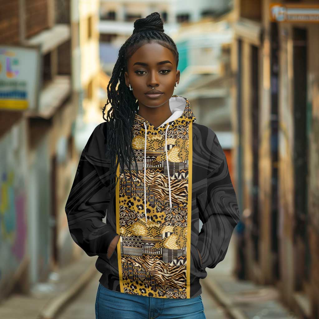 African Tribal Heritage Hoodie Black Gold Pattern