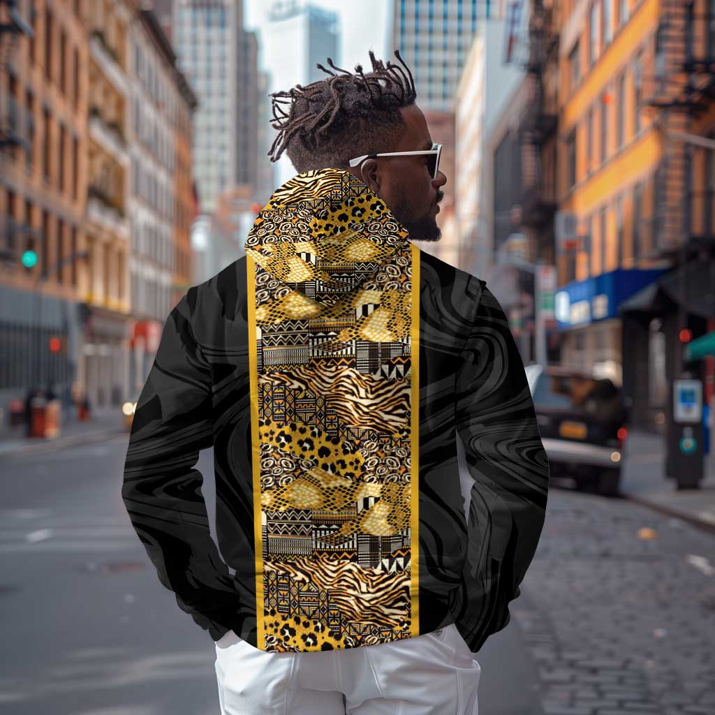 African Tribal Heritage Hoodie Black Gold Pattern