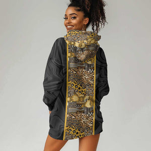 African Tribal Heritage Hoodie Dress Black Gold Pattern
