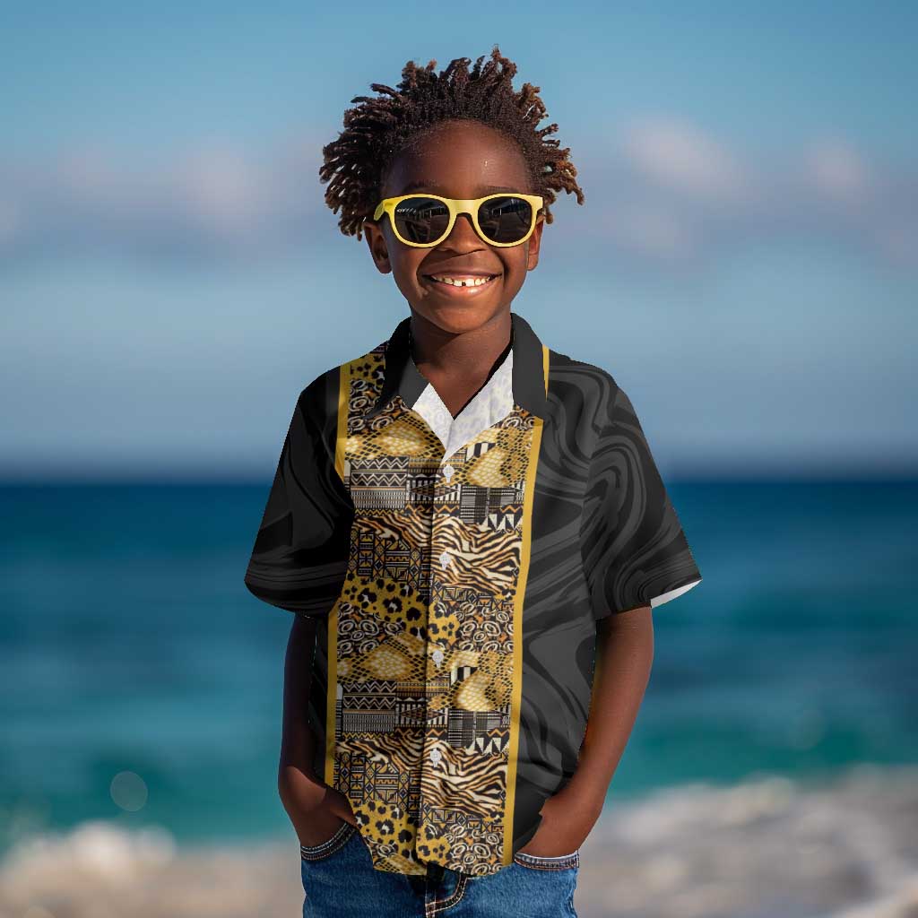 African Tribal Heritage Kid Hawaiian Shirt Black Gold Pattern