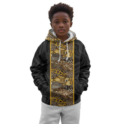 African Tribal Heritage Kid Hoodie Black Gold Pattern