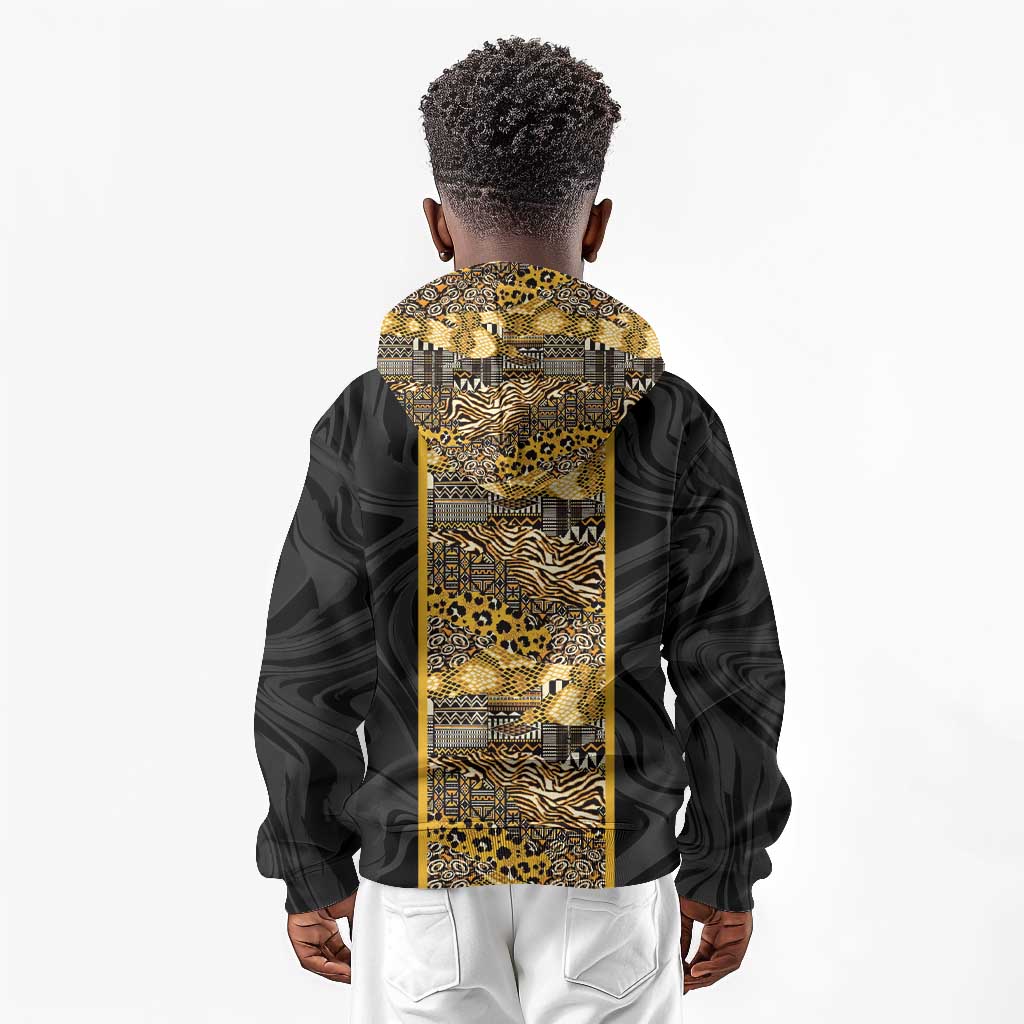 African Tribal Heritage Kid Hoodie Black Gold Pattern