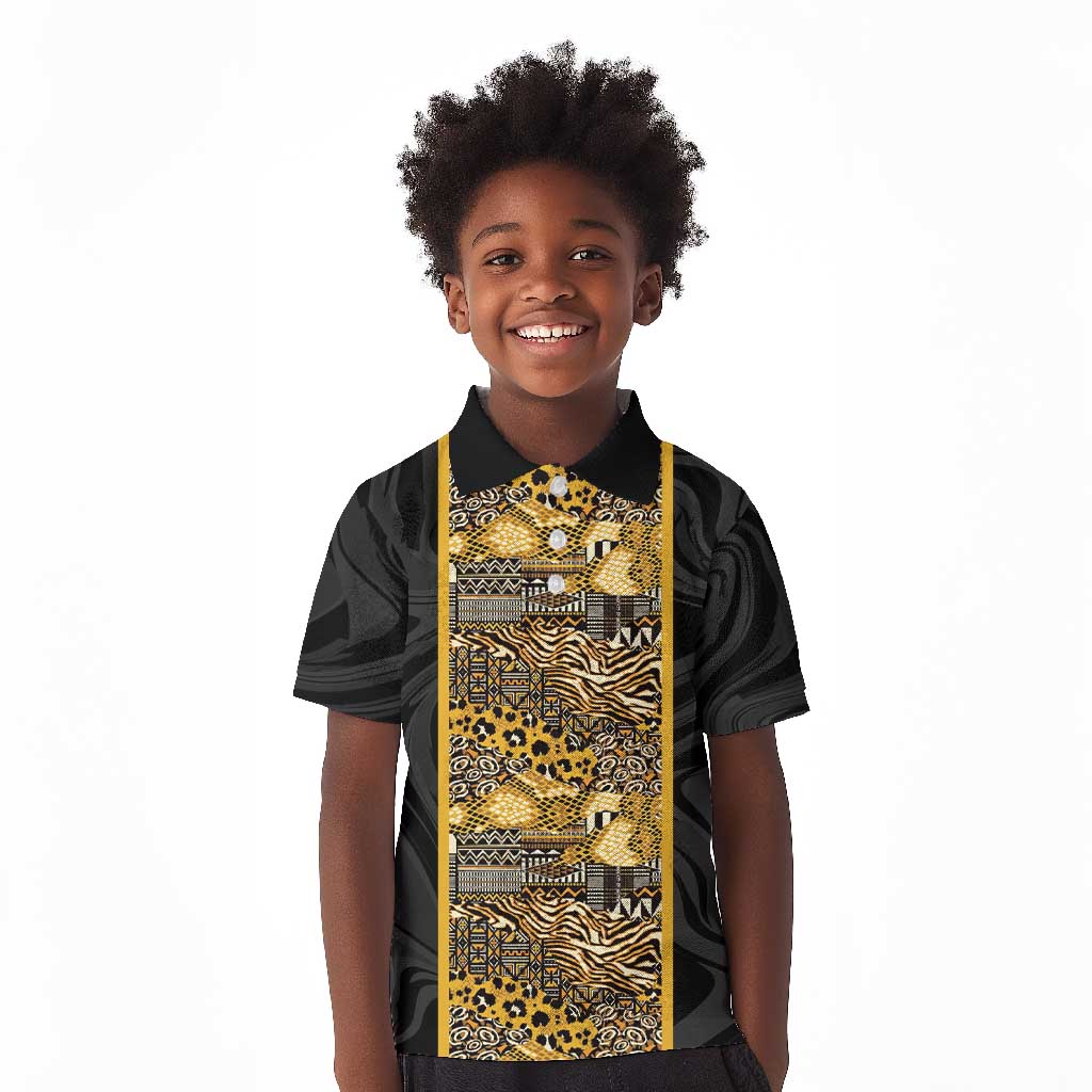 African Tribal Heritage Kid Polo Shirt Black Gold Pattern