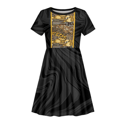 African Tribal Heritage Kid Short Sleeve Dress Black Gold Pattern