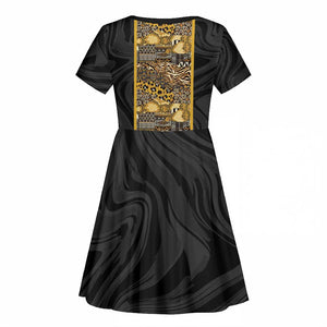 African Tribal Heritage Kid Short Sleeve Dress Black Gold Pattern