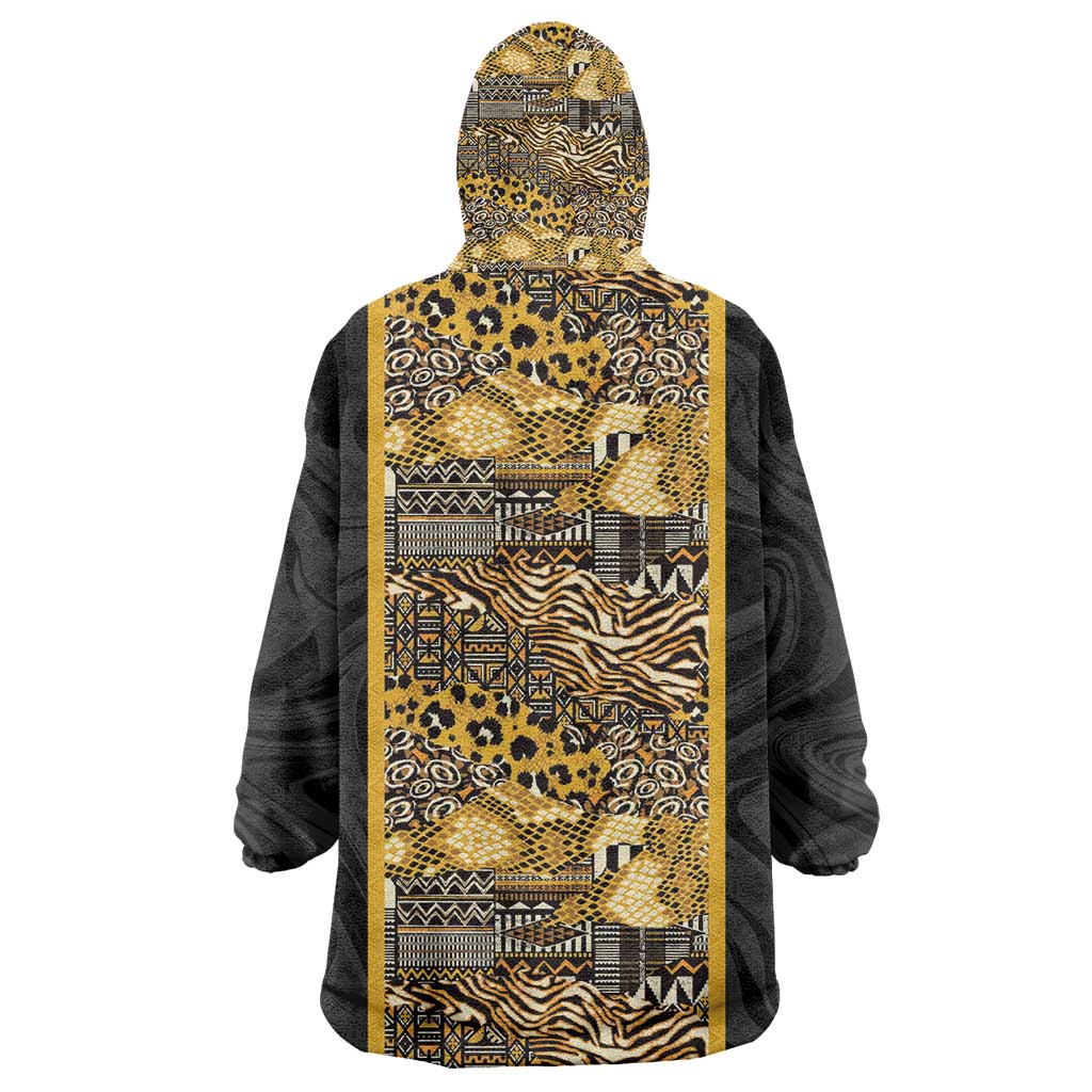 African Tribal Heritage Kid Wearable Blanket Hoodie Black Gold Pattern
