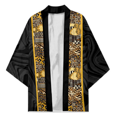 African Tribal Heritage Kimono Black Gold Pattern