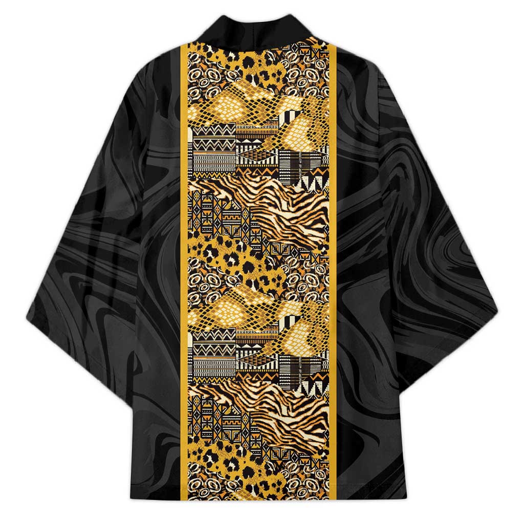 African Tribal Heritage Kimono Black Gold Pattern