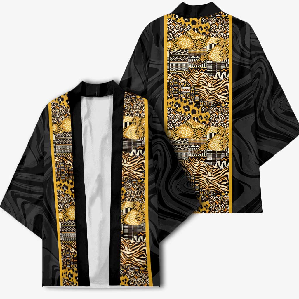 African Tribal Heritage Kimono Black Gold Pattern