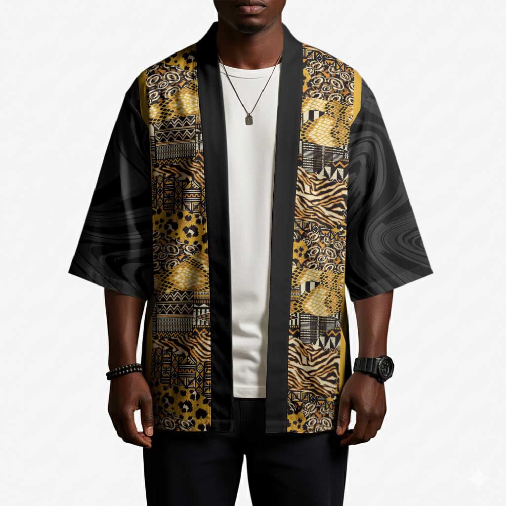 African Tribal Heritage Kimono Black Gold Pattern