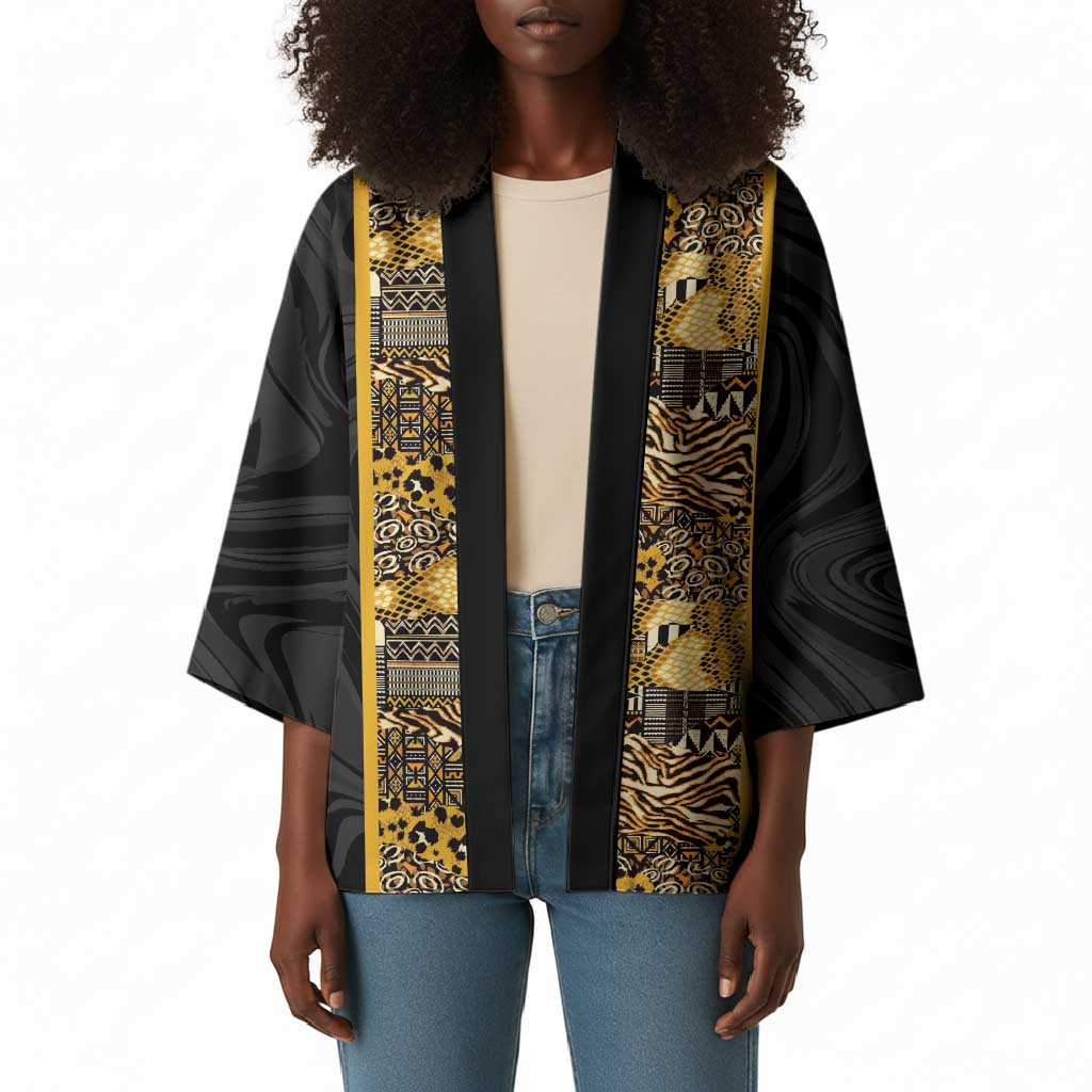 African Tribal Heritage Kimono Black Gold Pattern