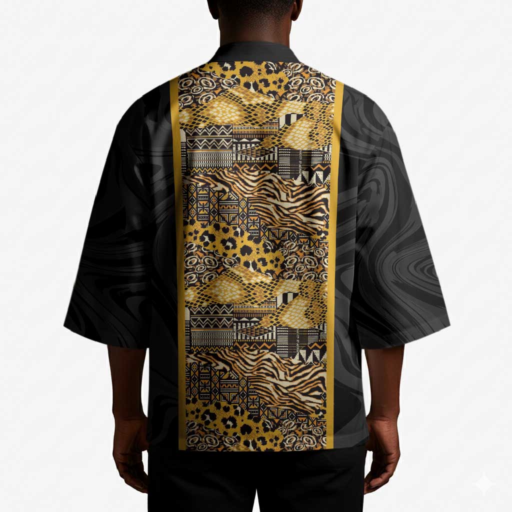 African Tribal Heritage Kimono Black Gold Pattern
