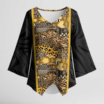African Tribal Heritage Kimono Sleeve Blouse Black Gold Pattern