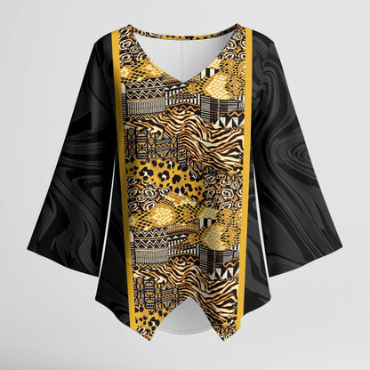 African Tribal Heritage Kimono Sleeve Blouse Black Gold Pattern