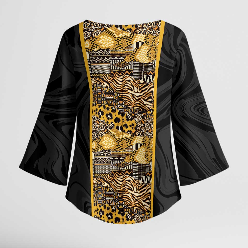 African Tribal Heritage Kimono Sleeve Blouse Black Gold Pattern