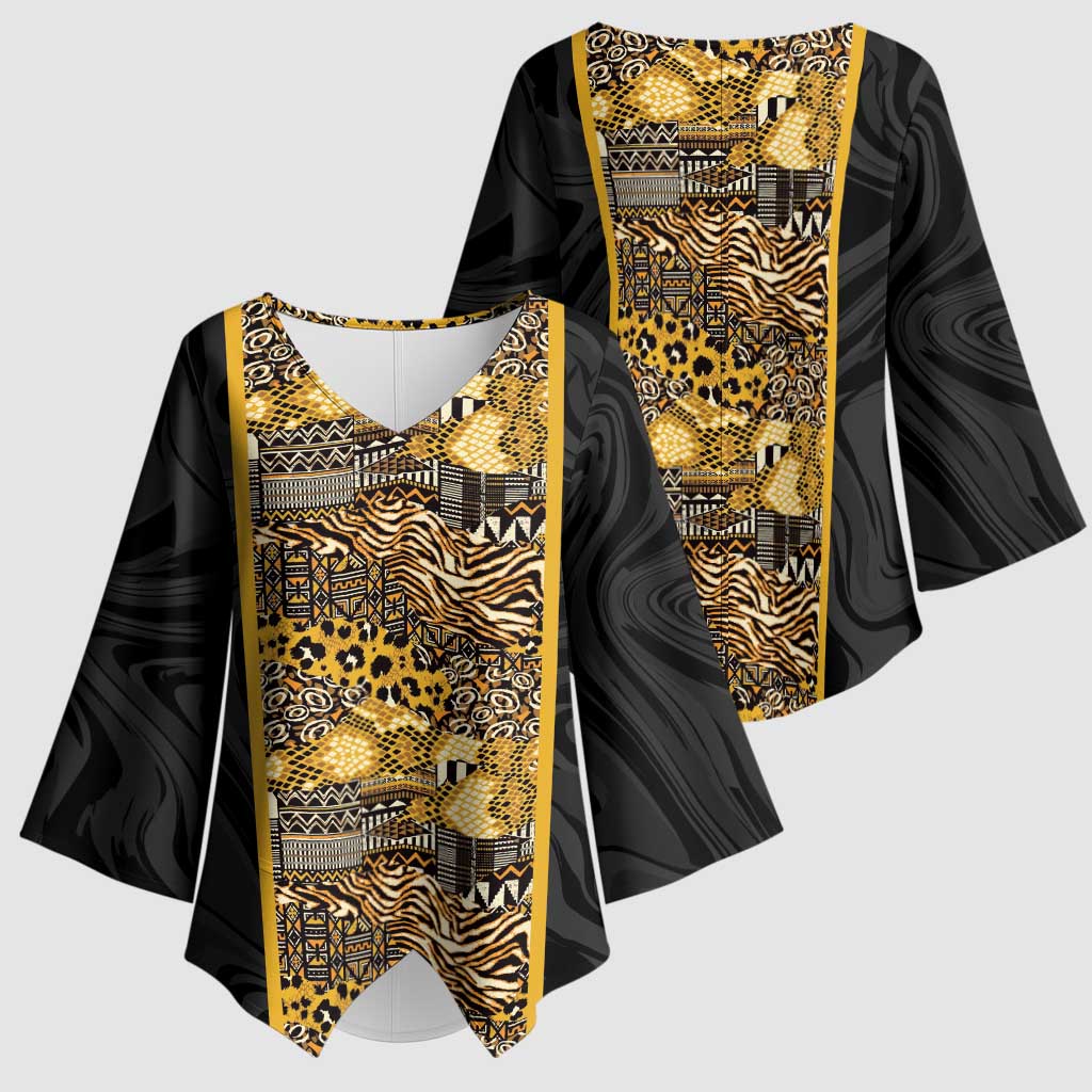 African Tribal Heritage Kimono Sleeve Blouse Black Gold Pattern
