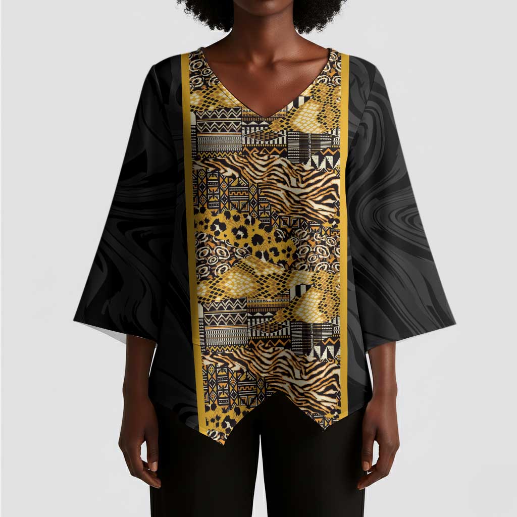 African Tribal Heritage Kimono Sleeve Blouse Black Gold Pattern