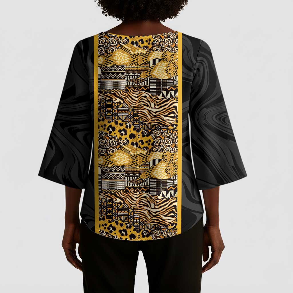 African Tribal Heritage Kimono Sleeve Blouse Black Gold Pattern