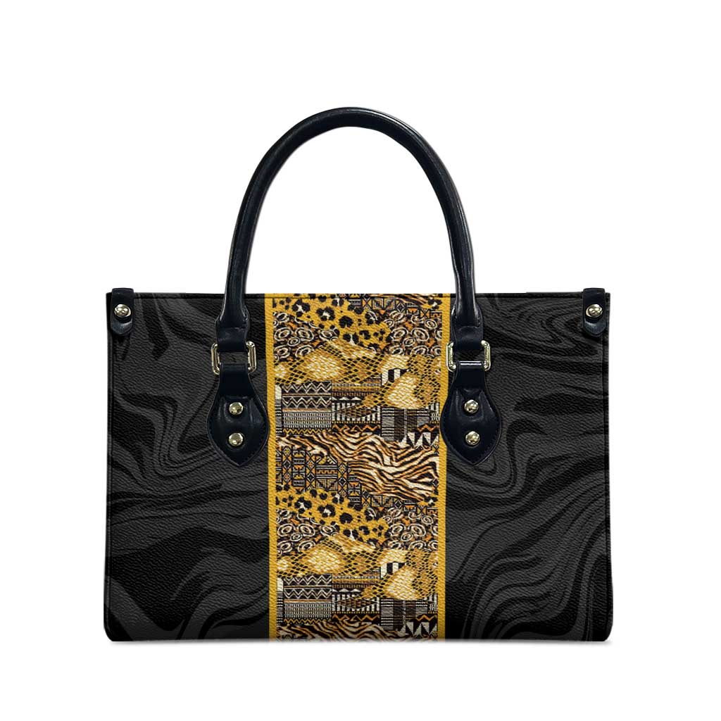African Tribal Heritage Leather Bag Black Gold Pattern