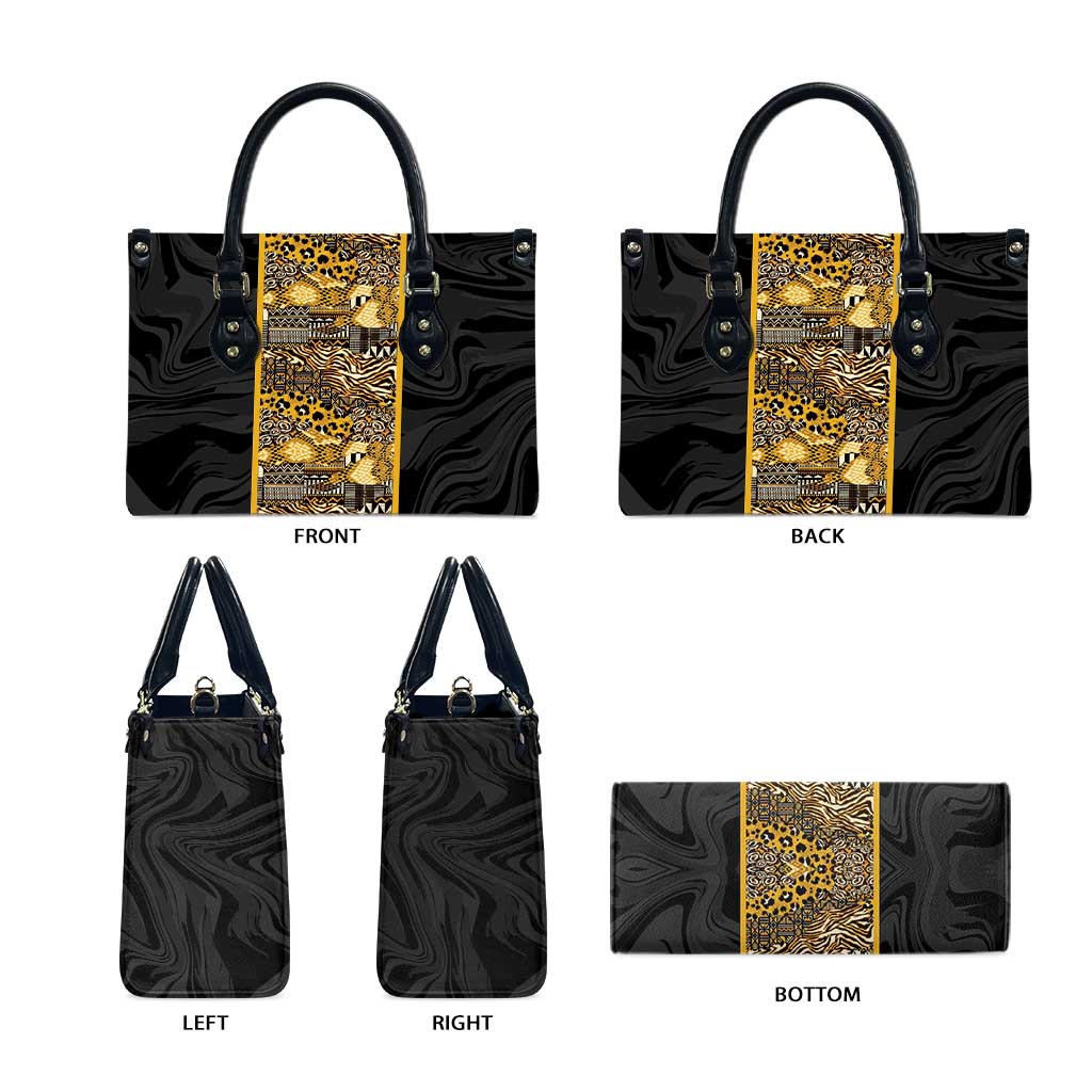 African Tribal Heritage Leather Bag Black Gold Pattern