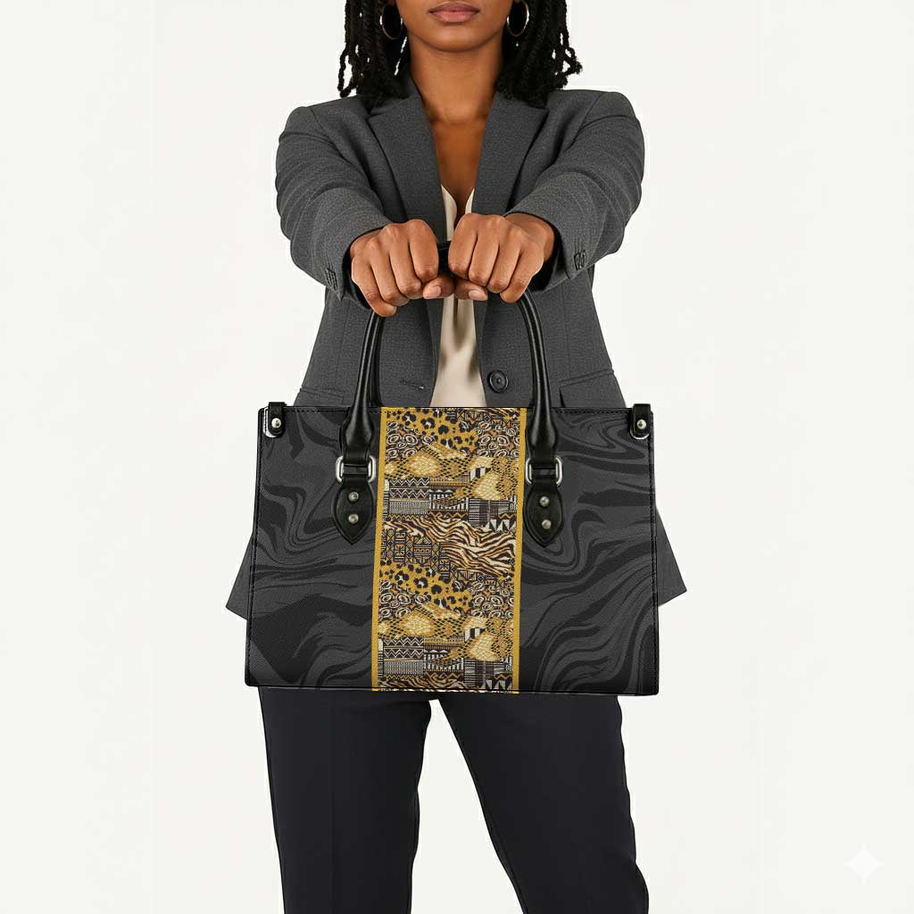 African Tribal Heritage Leather Bag Black Gold Pattern