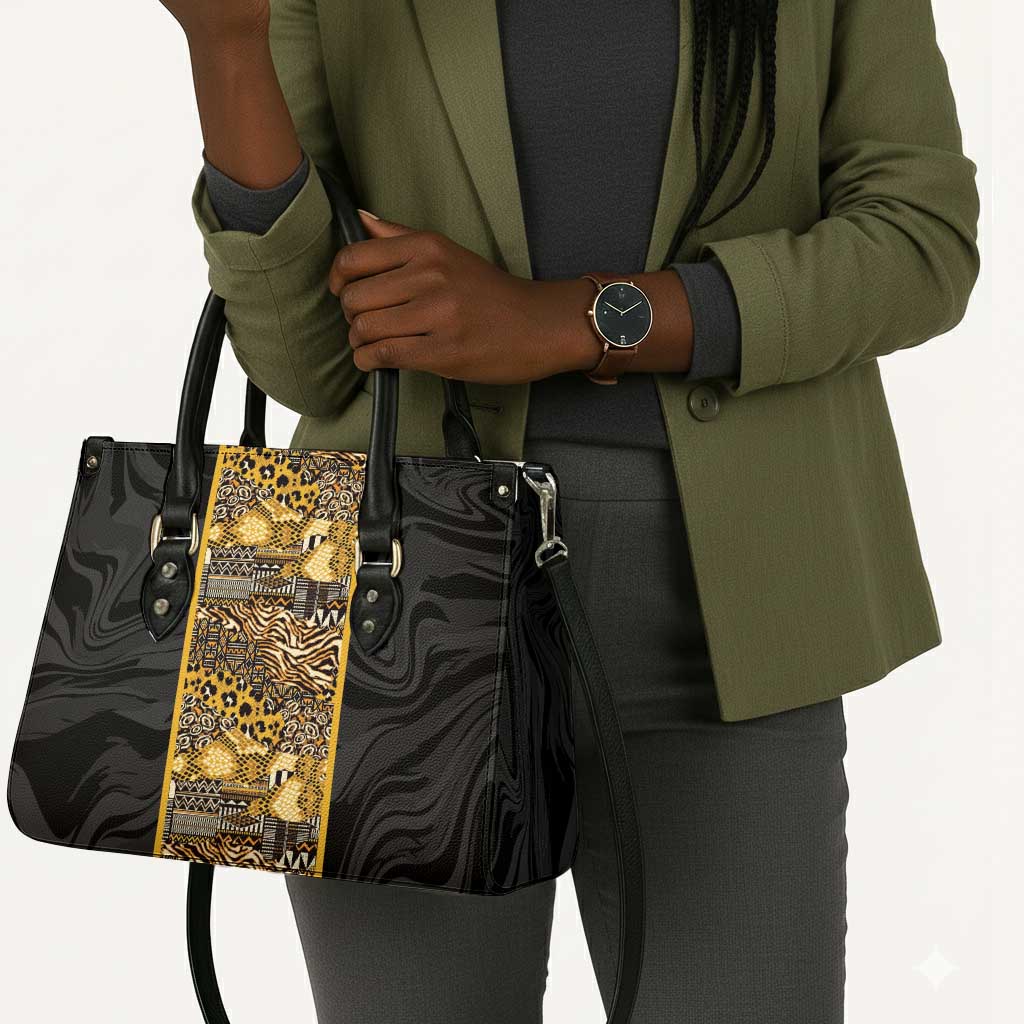 African Tribal Heritage Leather Bag Black Gold Pattern
