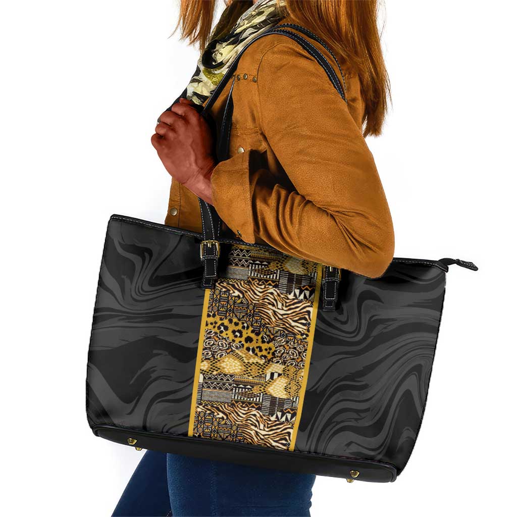 African Tribal Heritage Leather Tote Bag Black Gold Pattern