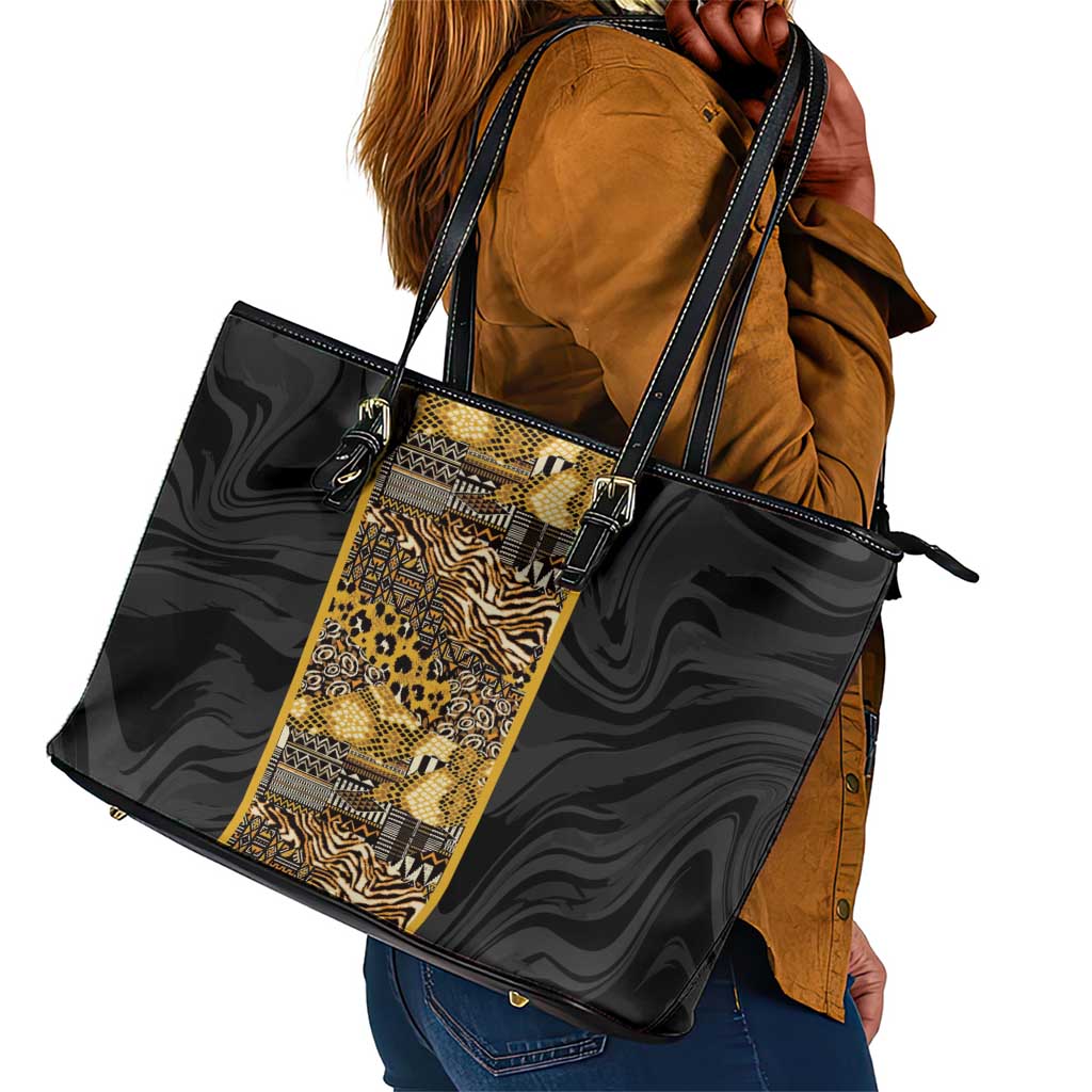 African Tribal Heritage Leather Tote Bag Black Gold Pattern