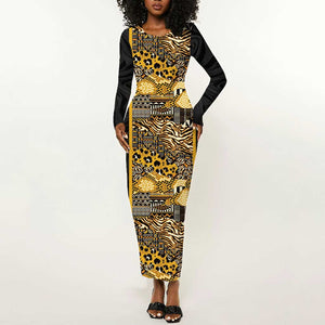 African Tribal Heritage Long Sleeve Bodycon Dress Black Gold Pattern