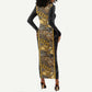 African Tribal Heritage Long Sleeve Bodycon Dress Black Gold Pattern