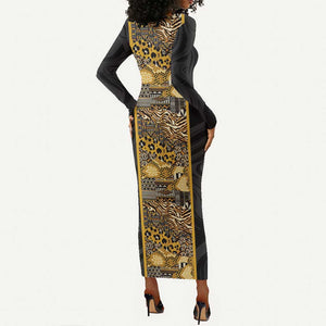 African Tribal Heritage Long Sleeve Bodycon Dress Black Gold Pattern