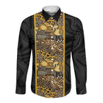 African Tribal Heritage Long Sleeve Button Shirt Black Gold Pattern