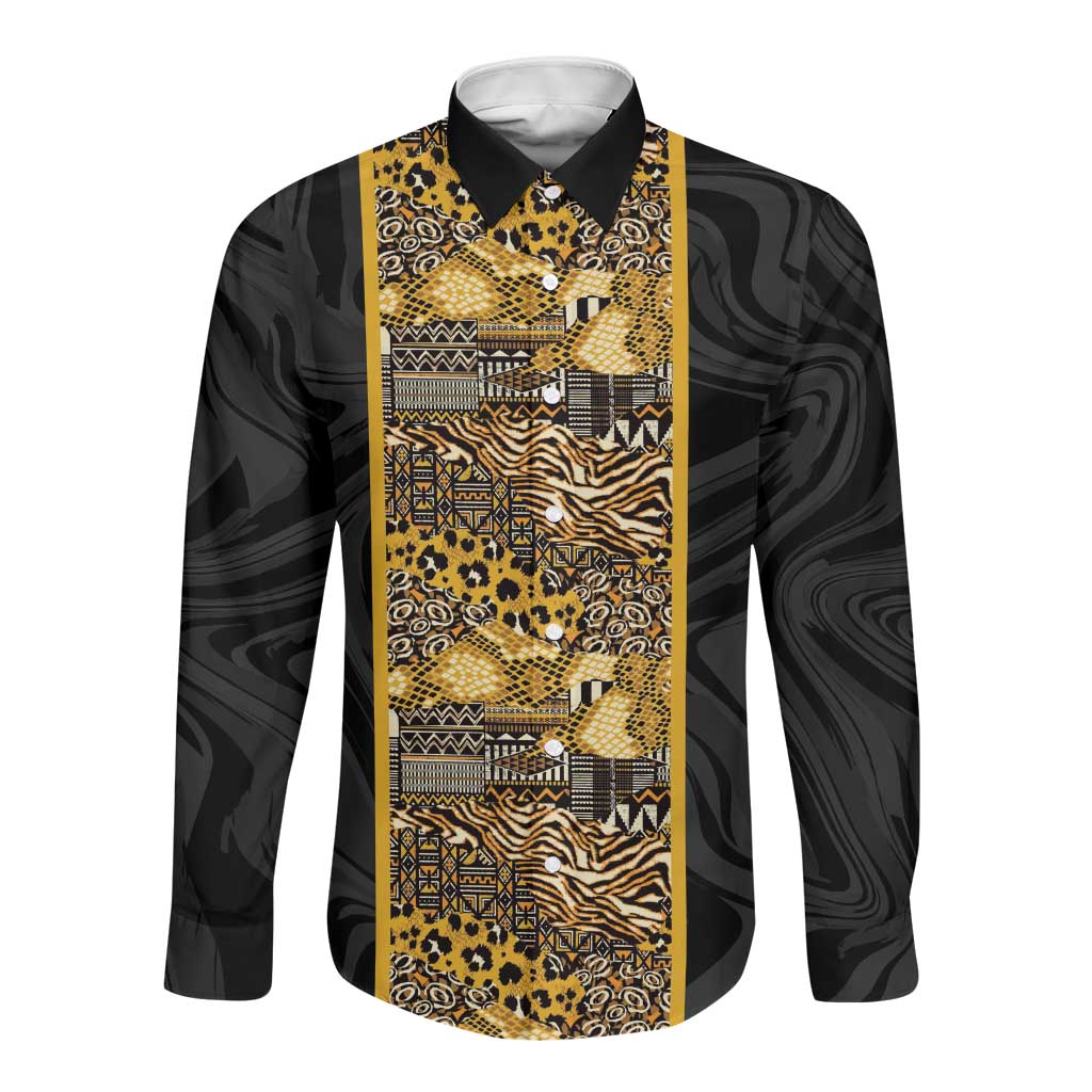 African Tribal Heritage Long Sleeve Button Shirt Black Gold Pattern