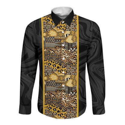 African Tribal Heritage Long Sleeve Button Shirt Black Gold Pattern