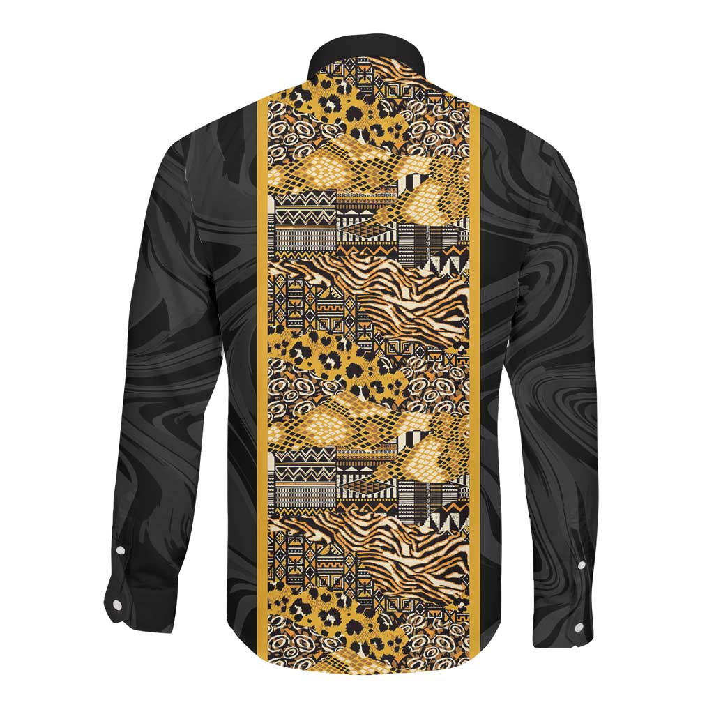 African Tribal Heritage Long Sleeve Button Shirt Black Gold Pattern