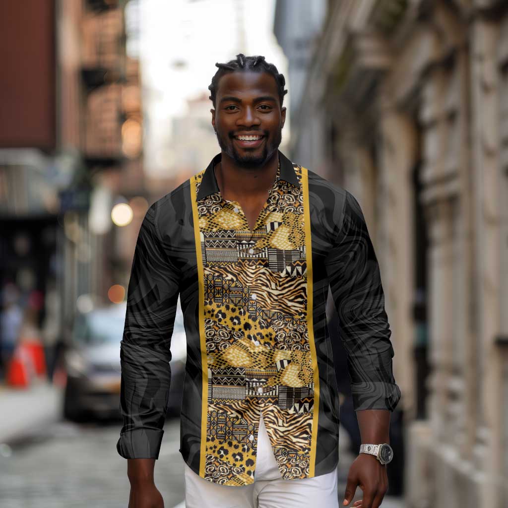 African Tribal Heritage Long Sleeve Button Shirt Black Gold Pattern