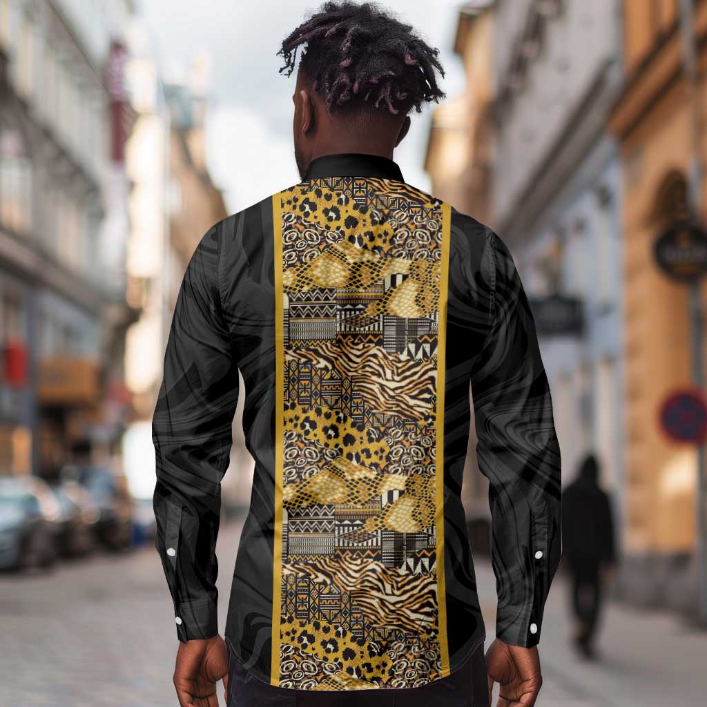 African Tribal Heritage Long Sleeve Button Shirt Black Gold Pattern