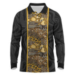 African Tribal Heritage Long Sleeve Polo Shirt Black Gold Pattern