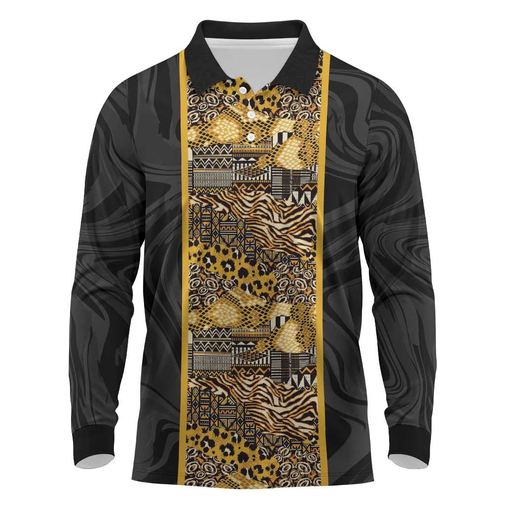 African Tribal Heritage Long Sleeve Polo Shirt Black Gold Pattern