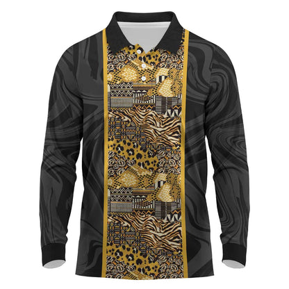 African Tribal Heritage Long Sleeve Polo Shirt Black Gold Pattern