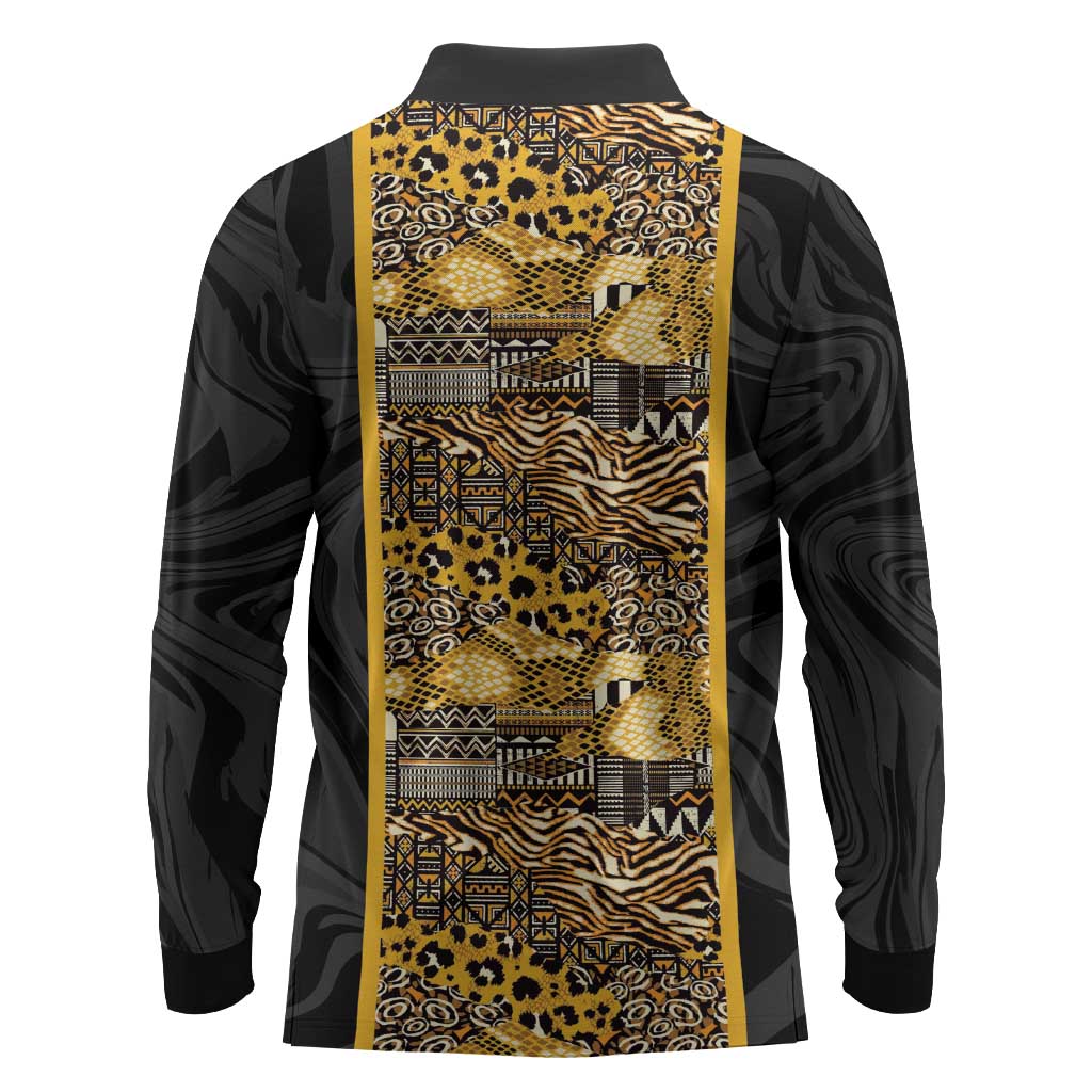 African Tribal Heritage Long Sleeve Polo Shirt Black Gold Pattern